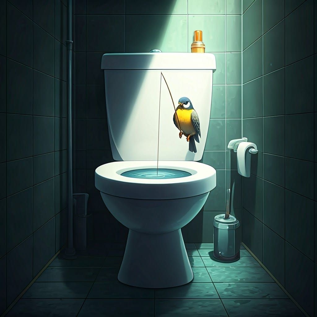 Bird in Toilet Fishing Scene in Anime Style