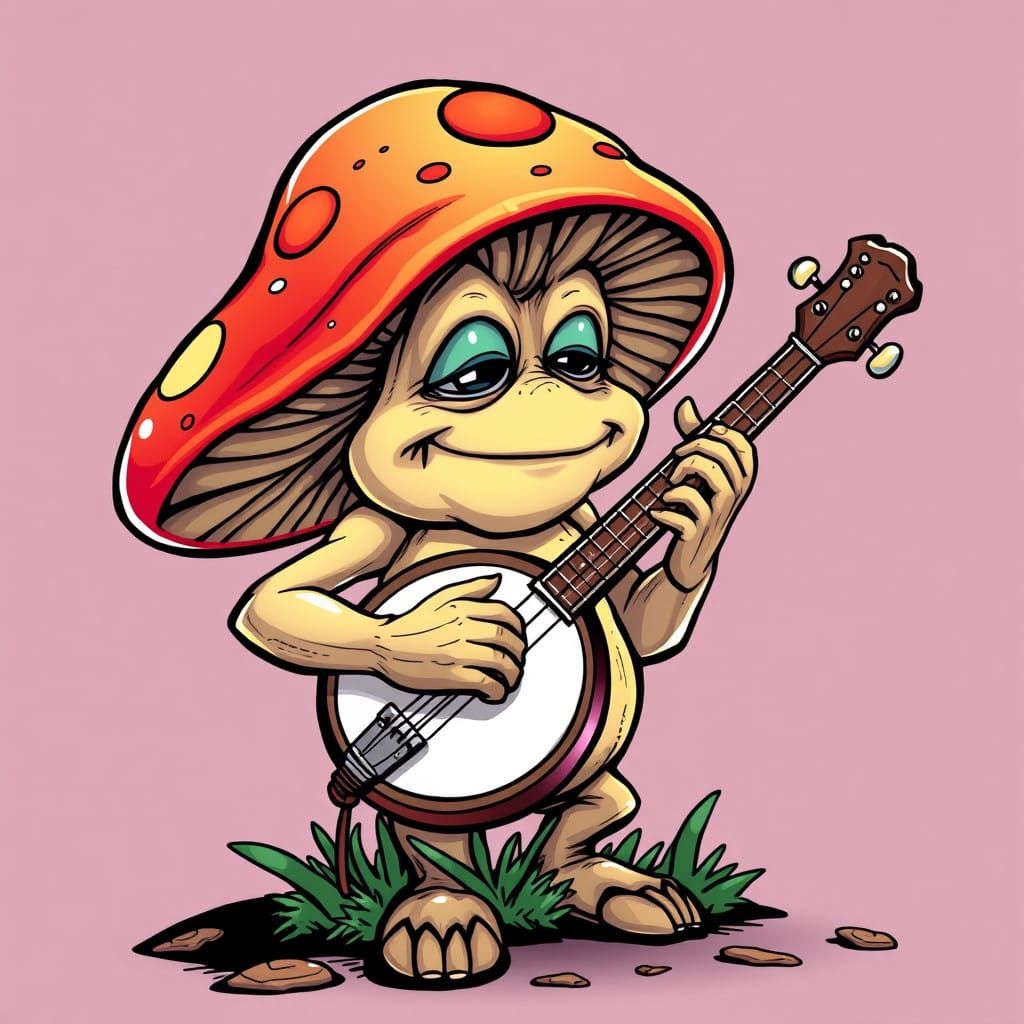 Whimsical Cartoon Mushroom Plays Banjo in a Fantastical Comi...