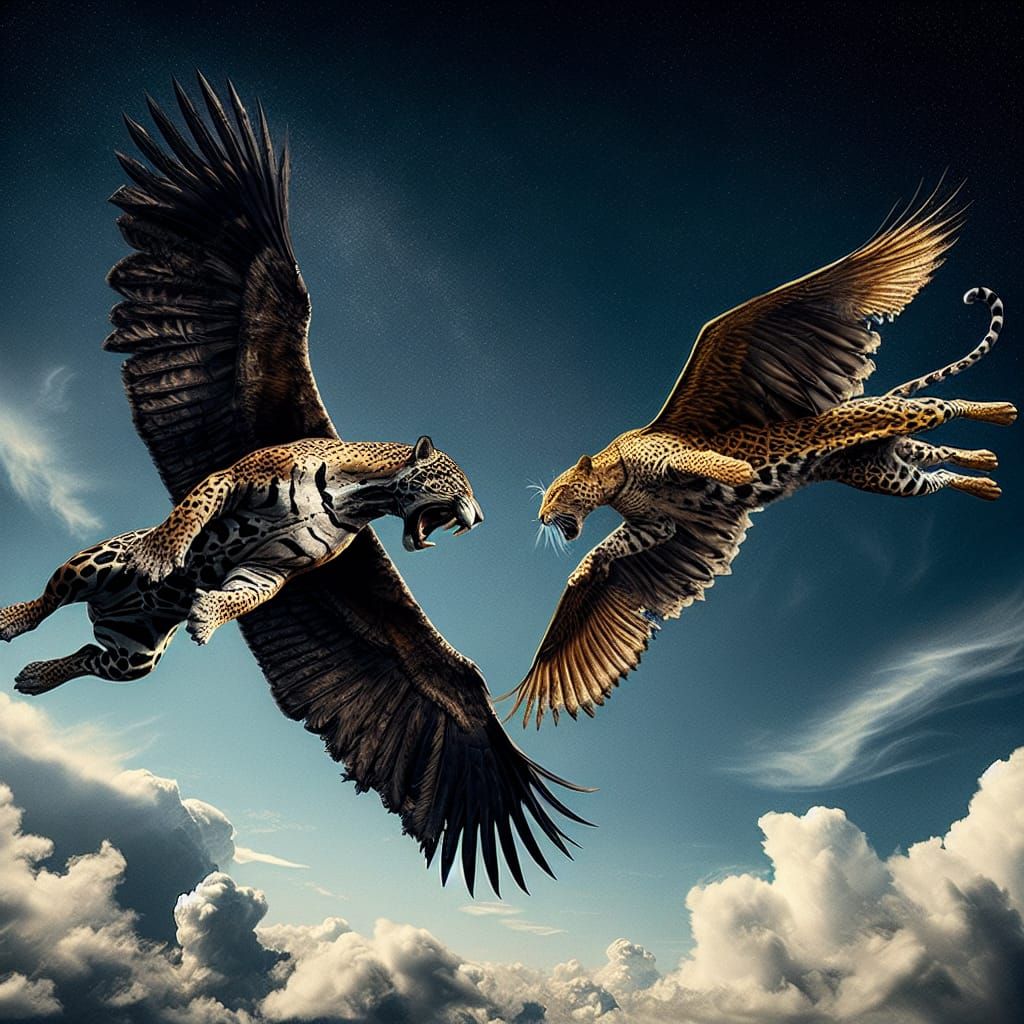 Jaguar and Leopard Aerial Combat in Blue Sky