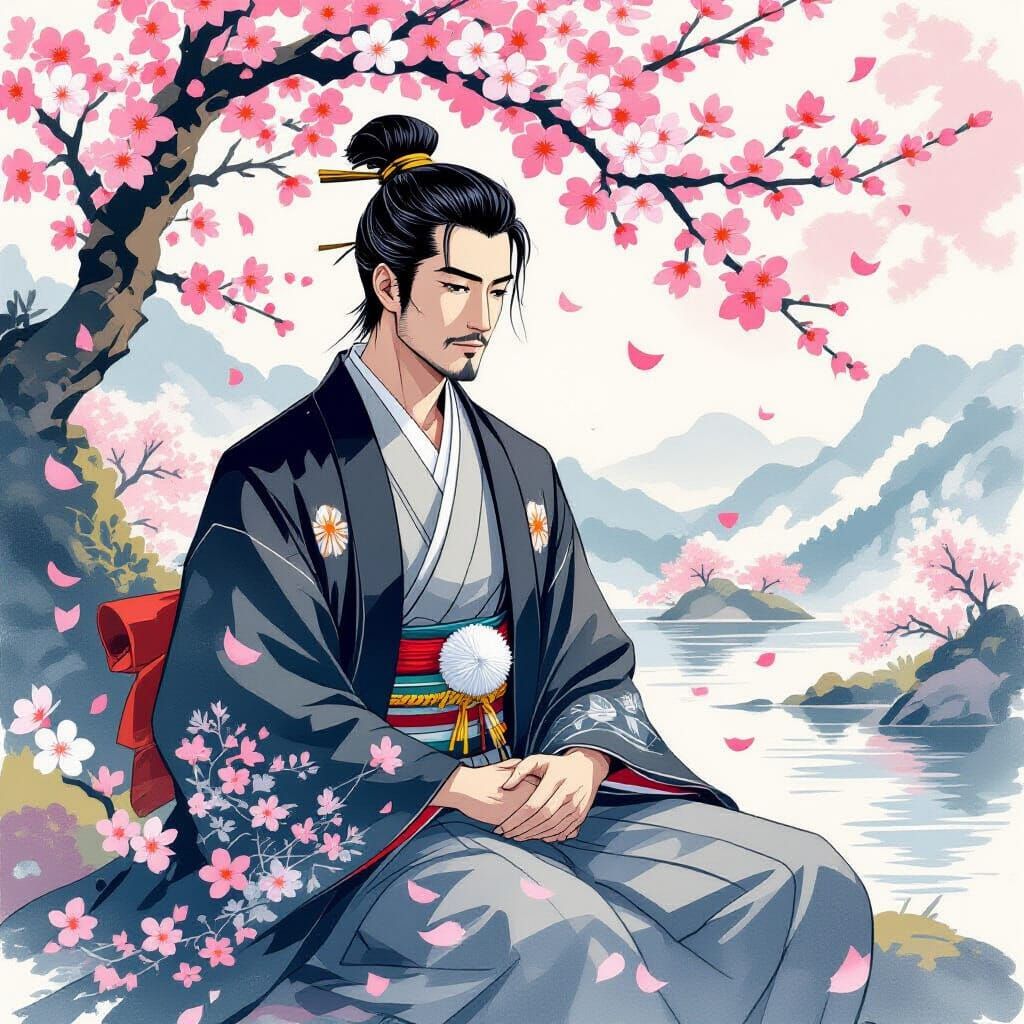 Father in Cherry Blossoms, Ukiyo-e Style