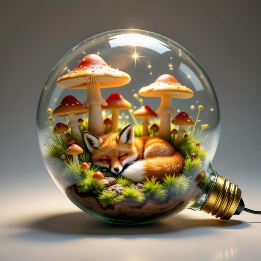 Miniature World with Sleeping Fox, Photorealistic Macro