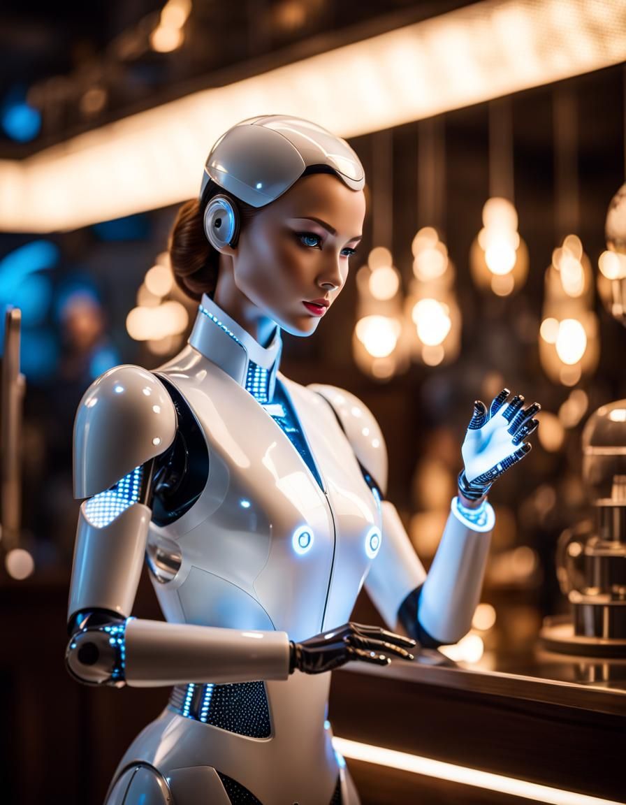 Futuristic Female Robot Butler with LED Lights