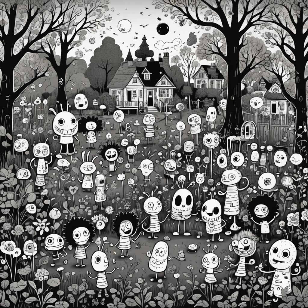 Black and White Line Art: Garden Playtime