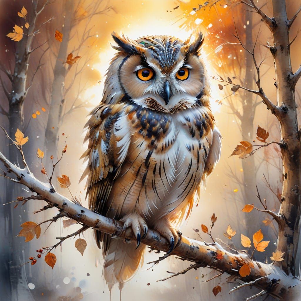 Winter Owl on Autumn Branch in Watercolour Style