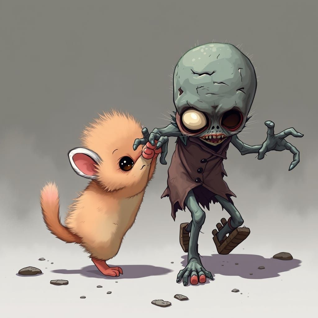 Cute Creature Attacks a Zombie in Vibrant Colors