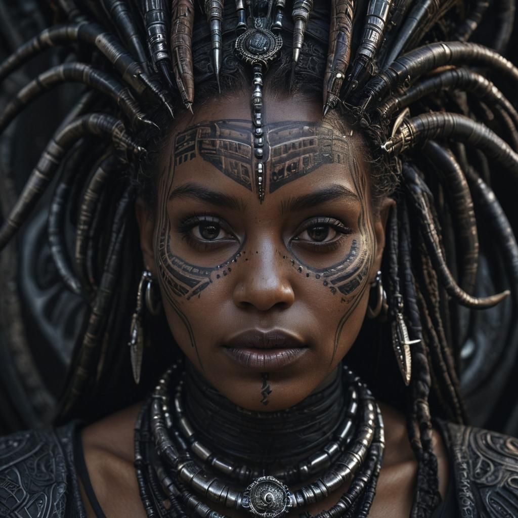 Obsidian Tribe Woman Portrait in Detailed Macro Style