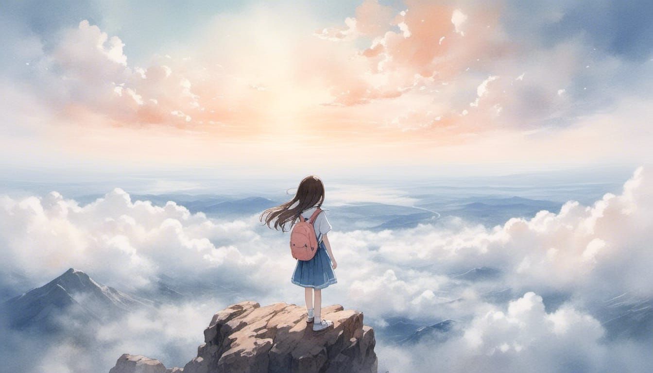 Watercolor Painting of Girl on Mountain Top