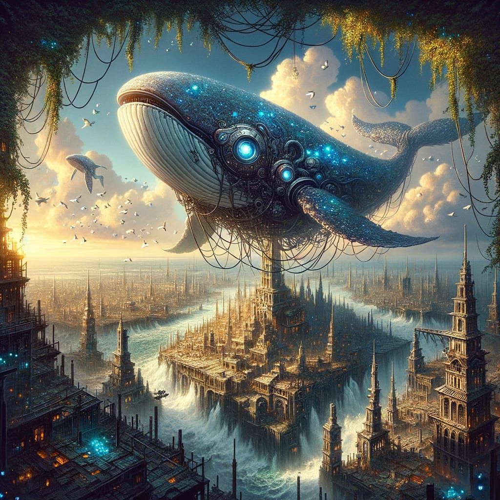 Steampunk Whale Floats Over Ruined City