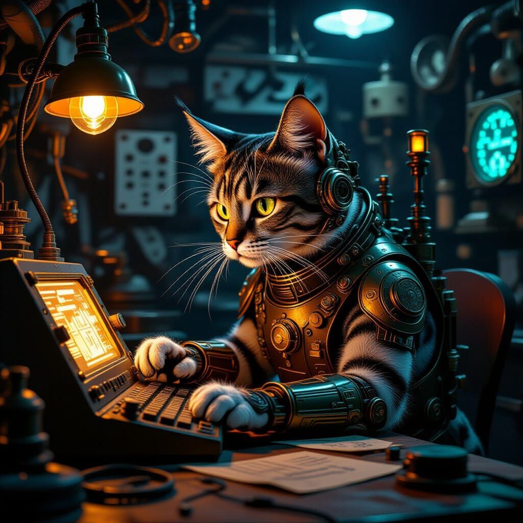 Steampunk Cat Hacker in Dimly Lit Workshop