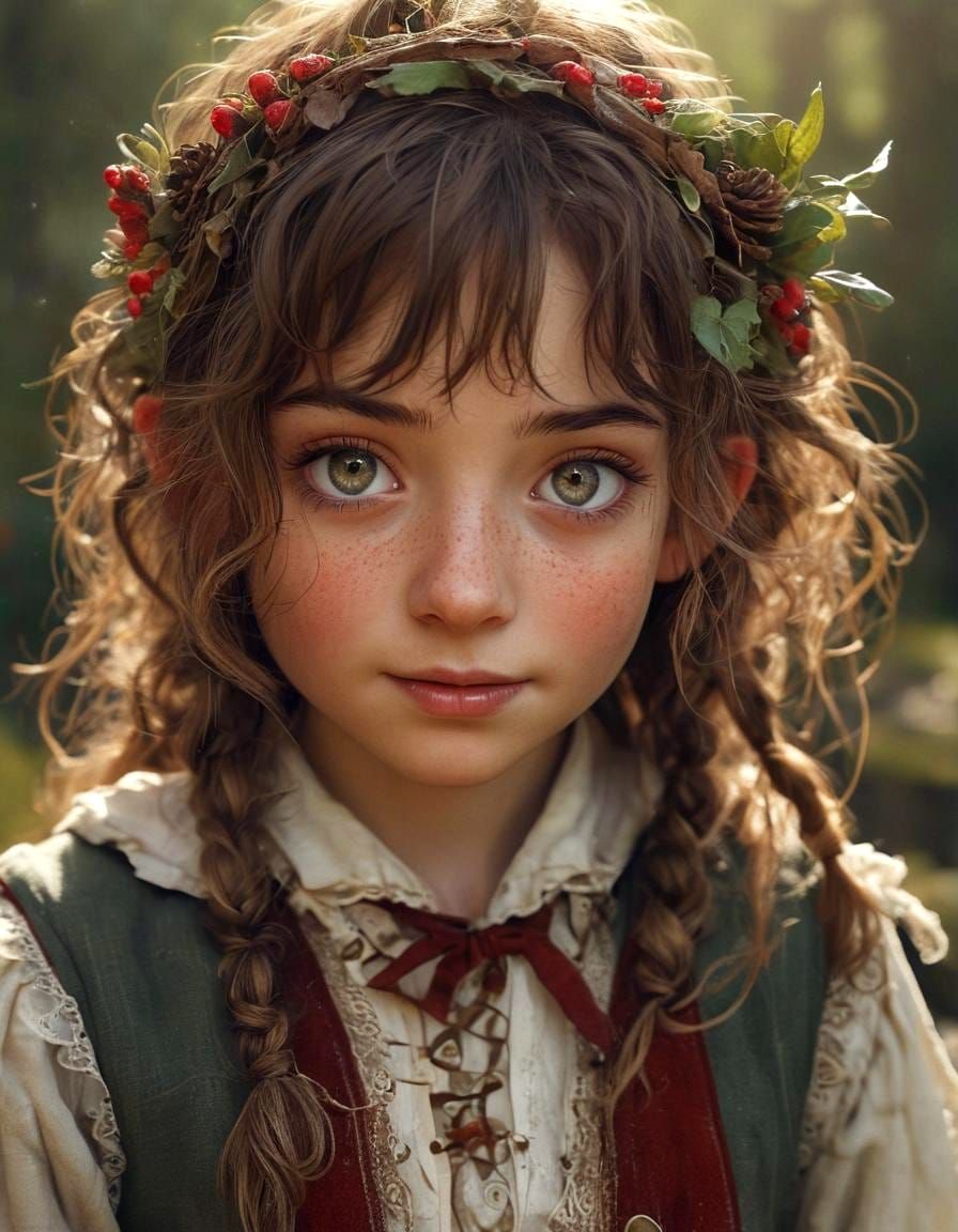 Whimsical Hobbit Girl Portrait with Mischievous Eyes