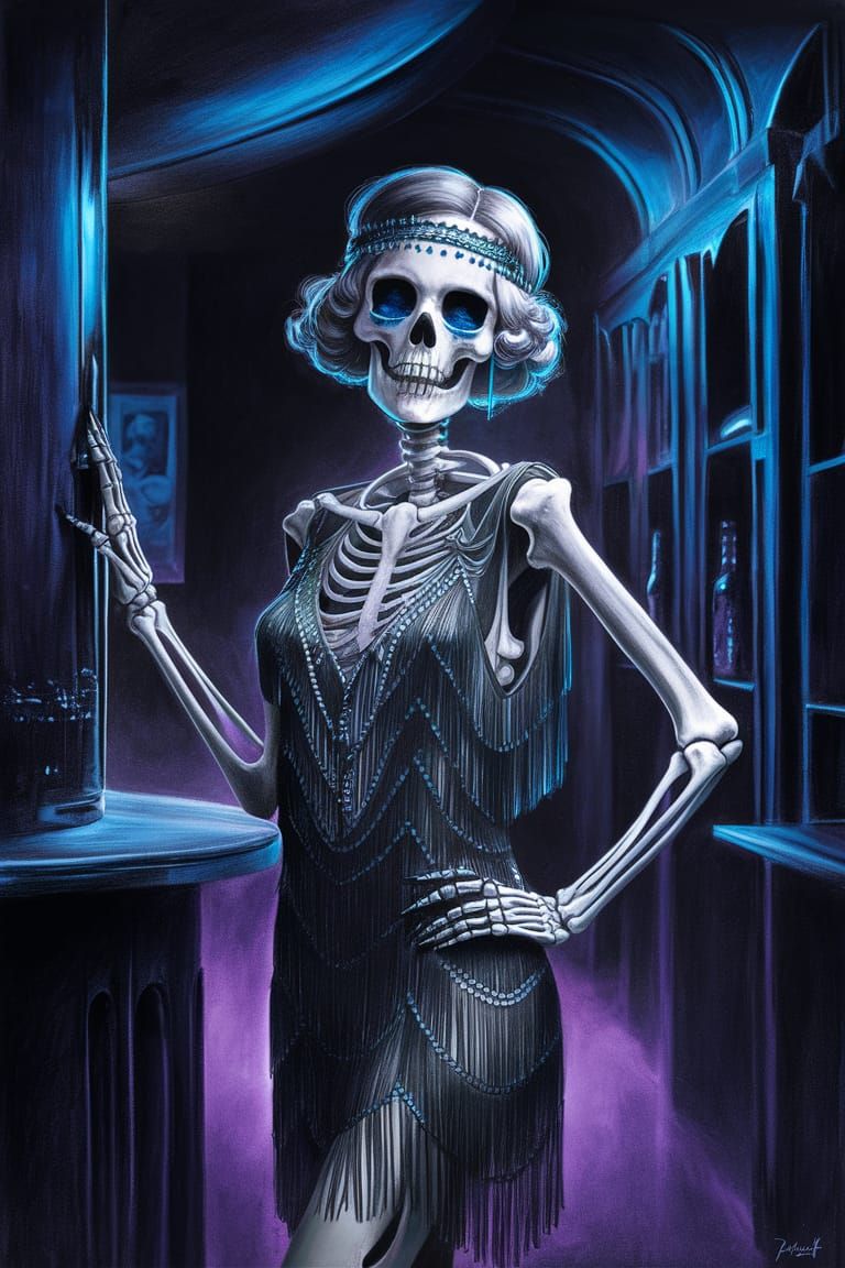 Ethereal 1920s Skeleton Flapper in Charcoal Drawing