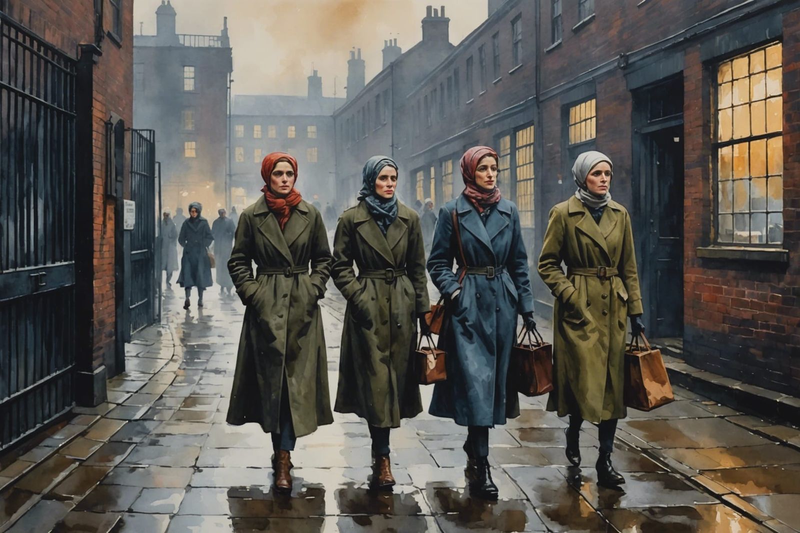 Manchester Women Leaving Factory: Impasto Gouache Painting