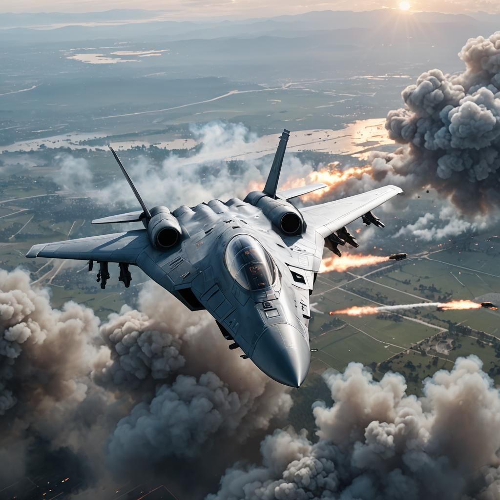 Stealth Aircraft Over Battlefield at Sunset in 4K