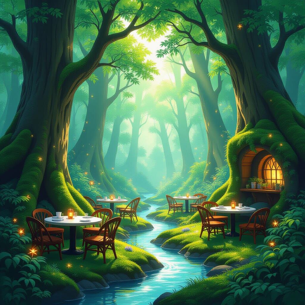 Enchanted Forest Cafe with Glowing Flora and Stream