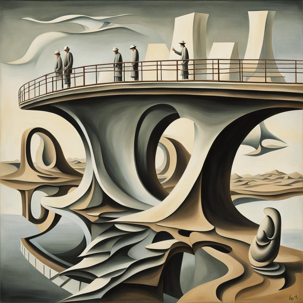 Surreal Bridge Scene in Cubist Abstract Style