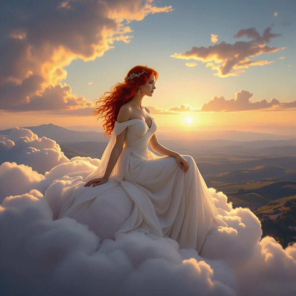 Woman on Cloud Overlooking Landscape in Romantic Style