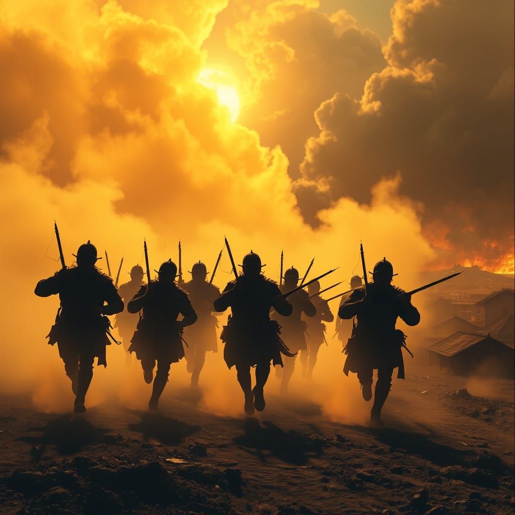 Conquistadors Fleeing Golden Mist in Volcanic Landscape