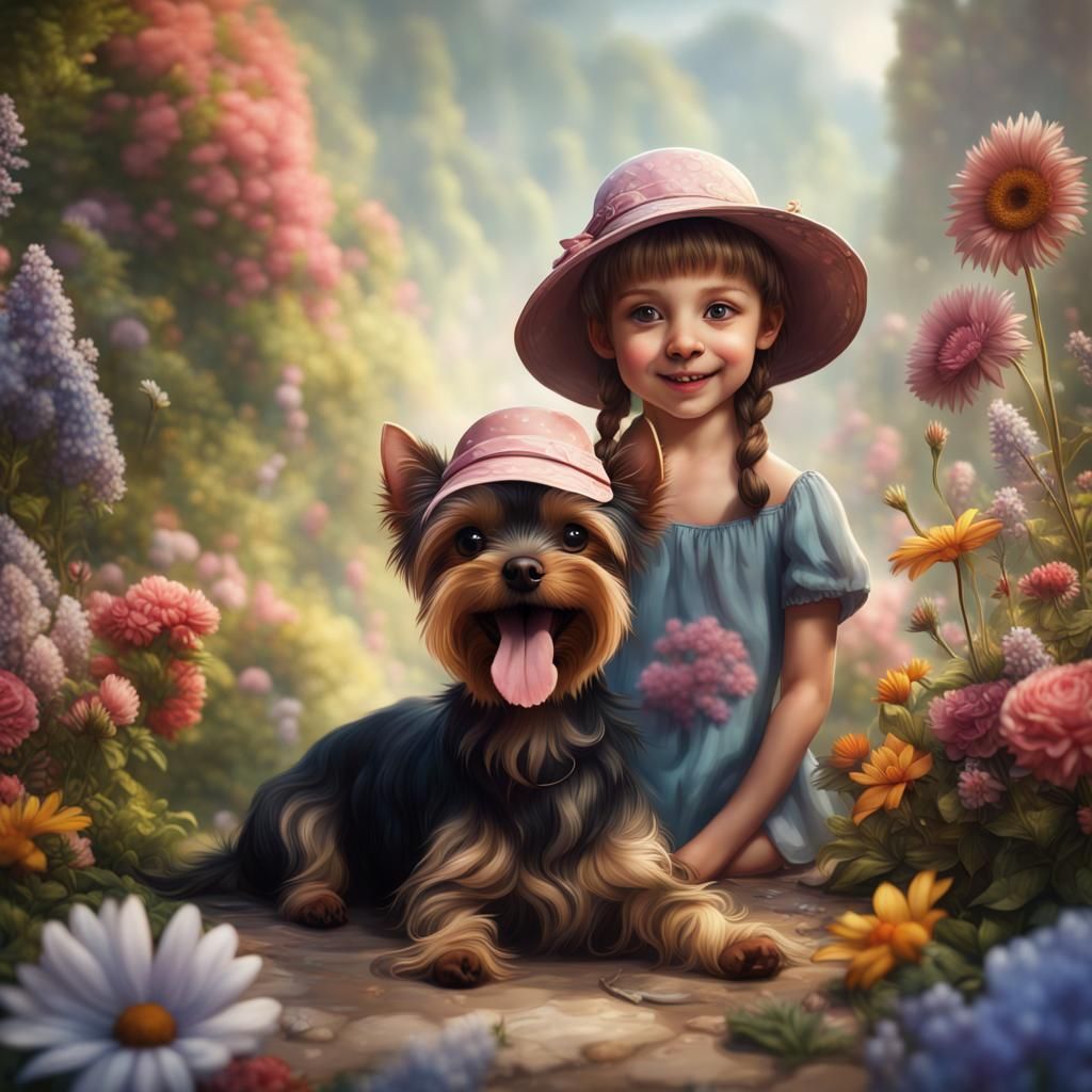 Happy Bald Girl with Dog in Fairytale Garden