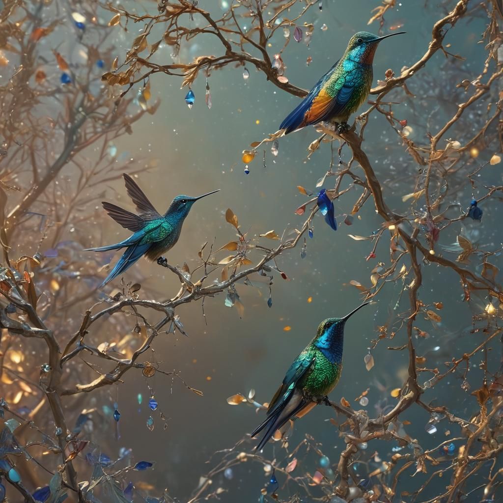 Jeweled Hummingbirds on Diamond Branches in Art Deco