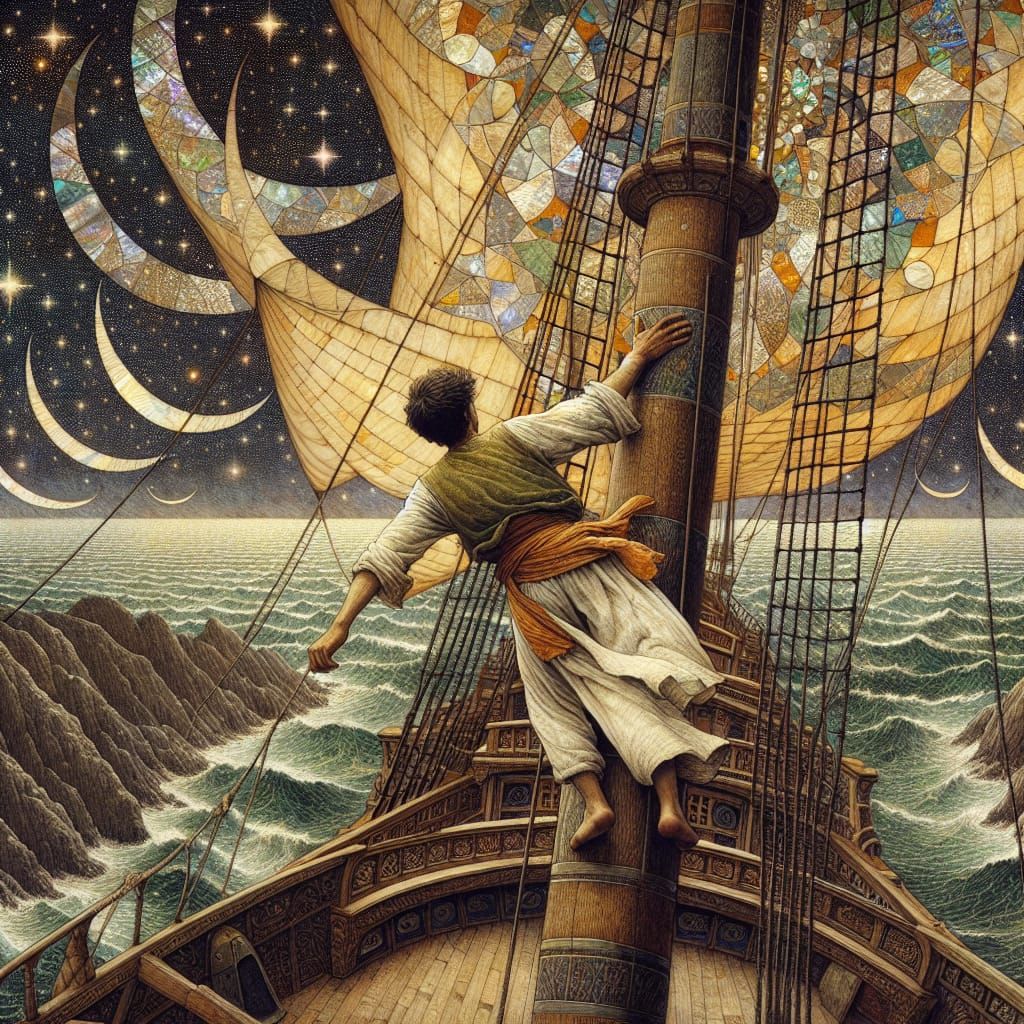 Sepia Sketch of Cabin Boy Ascending Ship Mast