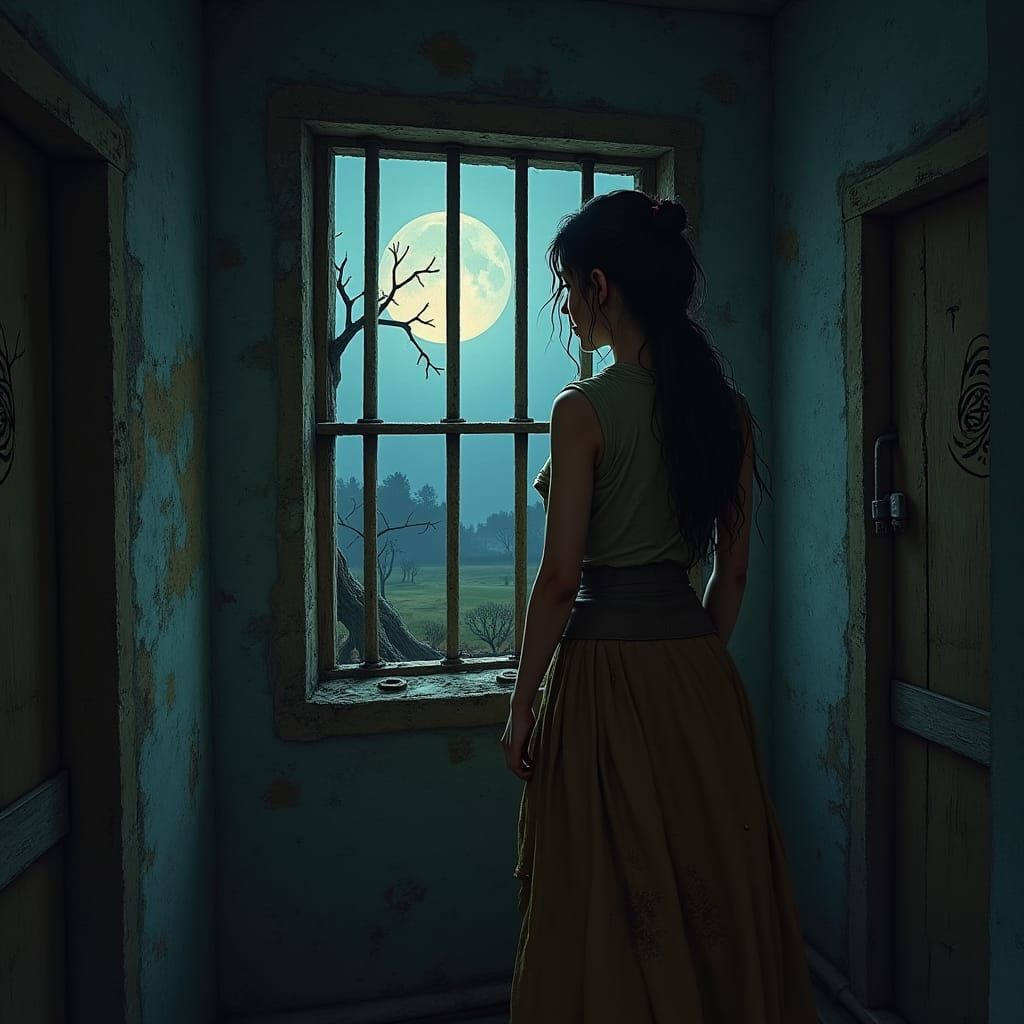 Dark Fantasy Jail Cell: Woman Gazing Out Window