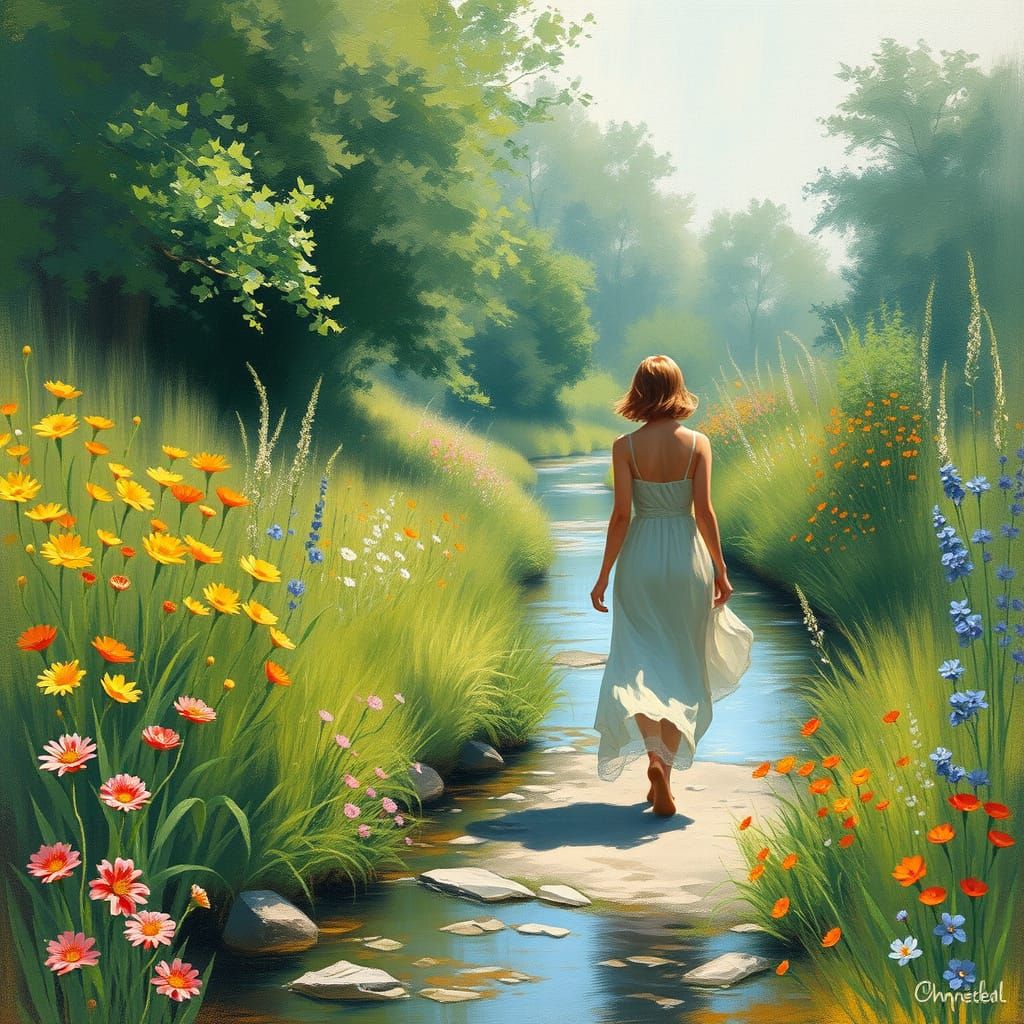 Impressionistic Woman Strolling by a Lush Stream