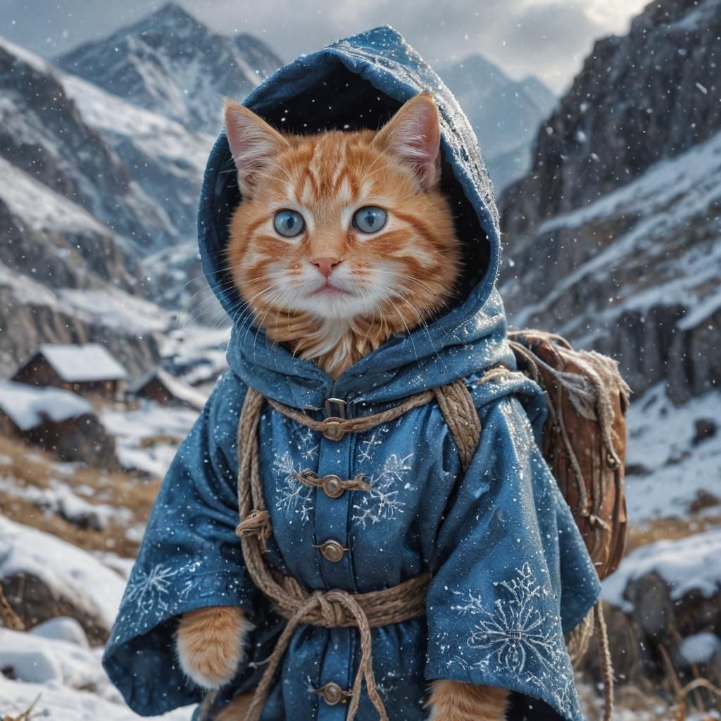Kitten Traveler in Snowy Landscape, Holographic Illustration