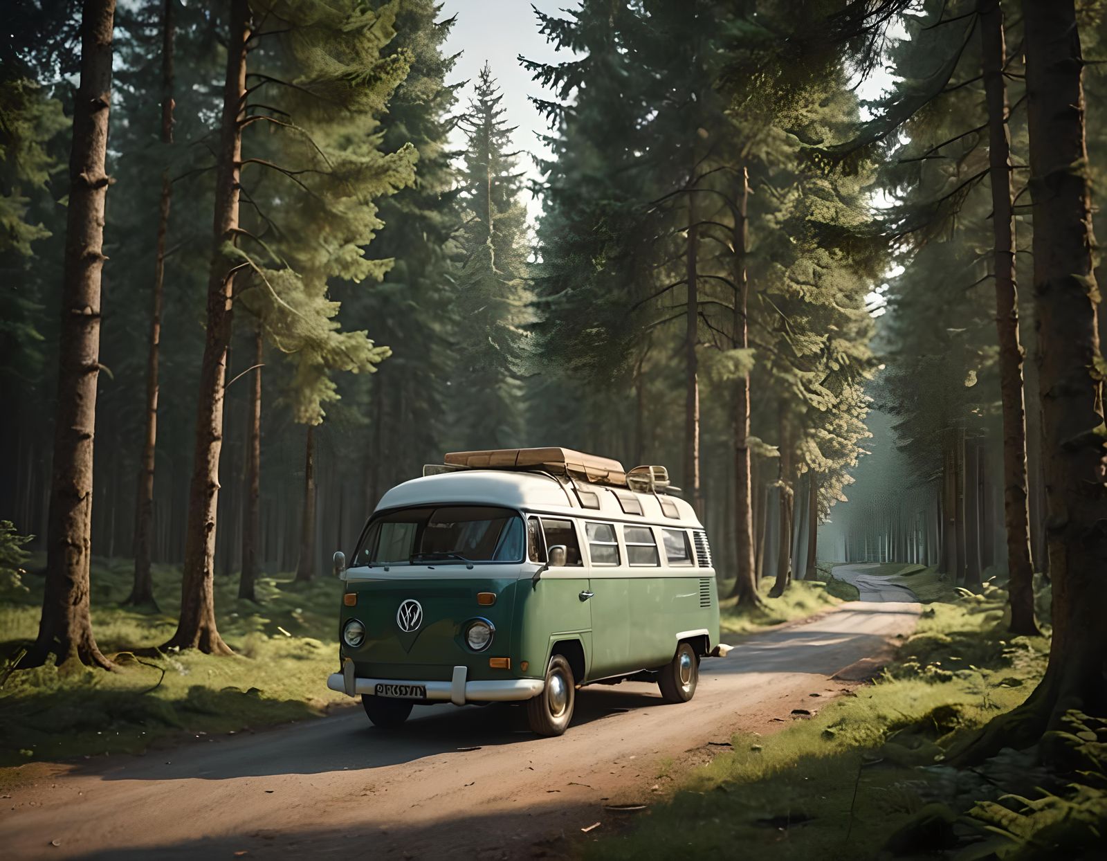 Camper Van on Forest Road: Cinematic Scene
