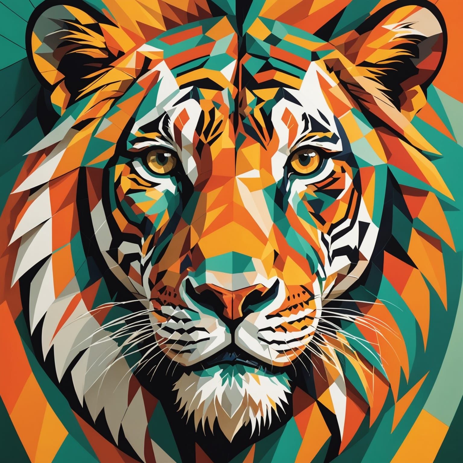 Geometric Lion and Tiger Faces in Vibrant Abstract Style