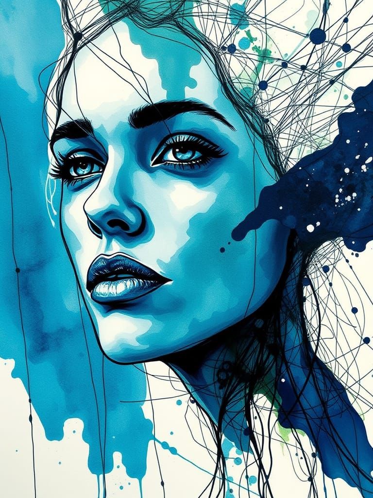 Abstract Portrait in Deep Jewel Tones with Fluid Ink Art