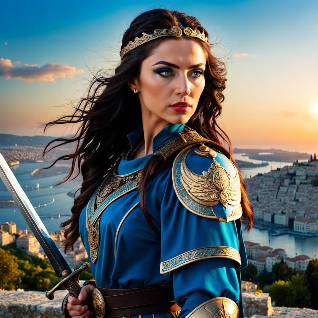 Bulgarian Girl in Greek War Suit at Sunset