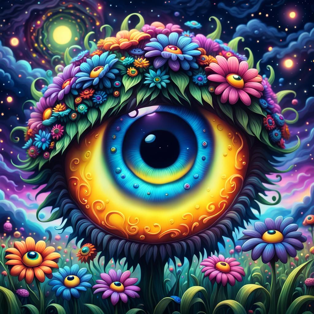 Psychedelic Eyeball Flower Field in Astral Illustration