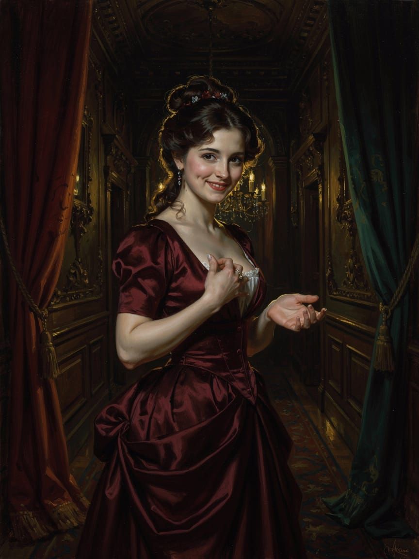 Victorian Woman Beckons in Opulent Mansion