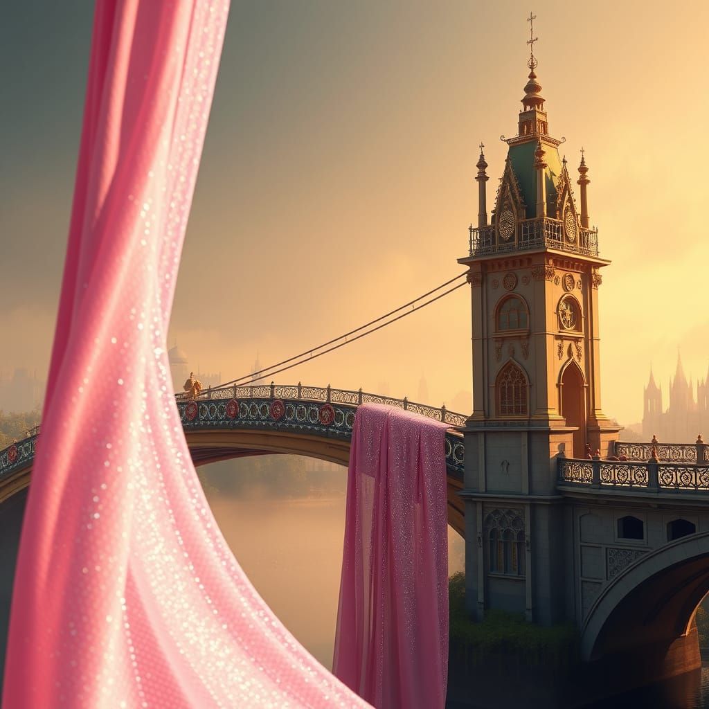 Ethereal Bridge Enshrouded in Golden Light and Shimmering Se...