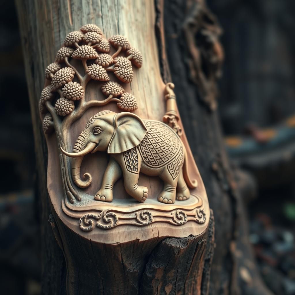 Detailed Chinese Carving of Elephant on Tree Trunk