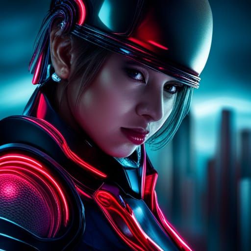 Neon City Cyborg Girl Portrait in HDR