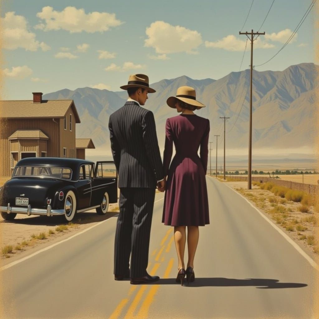 Melancholic Couple on Rural Road in 1930s Style