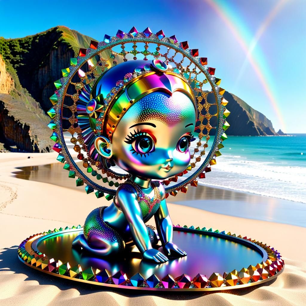 Rainbow Metallic Baby Sculpture on Beach in Pointillism