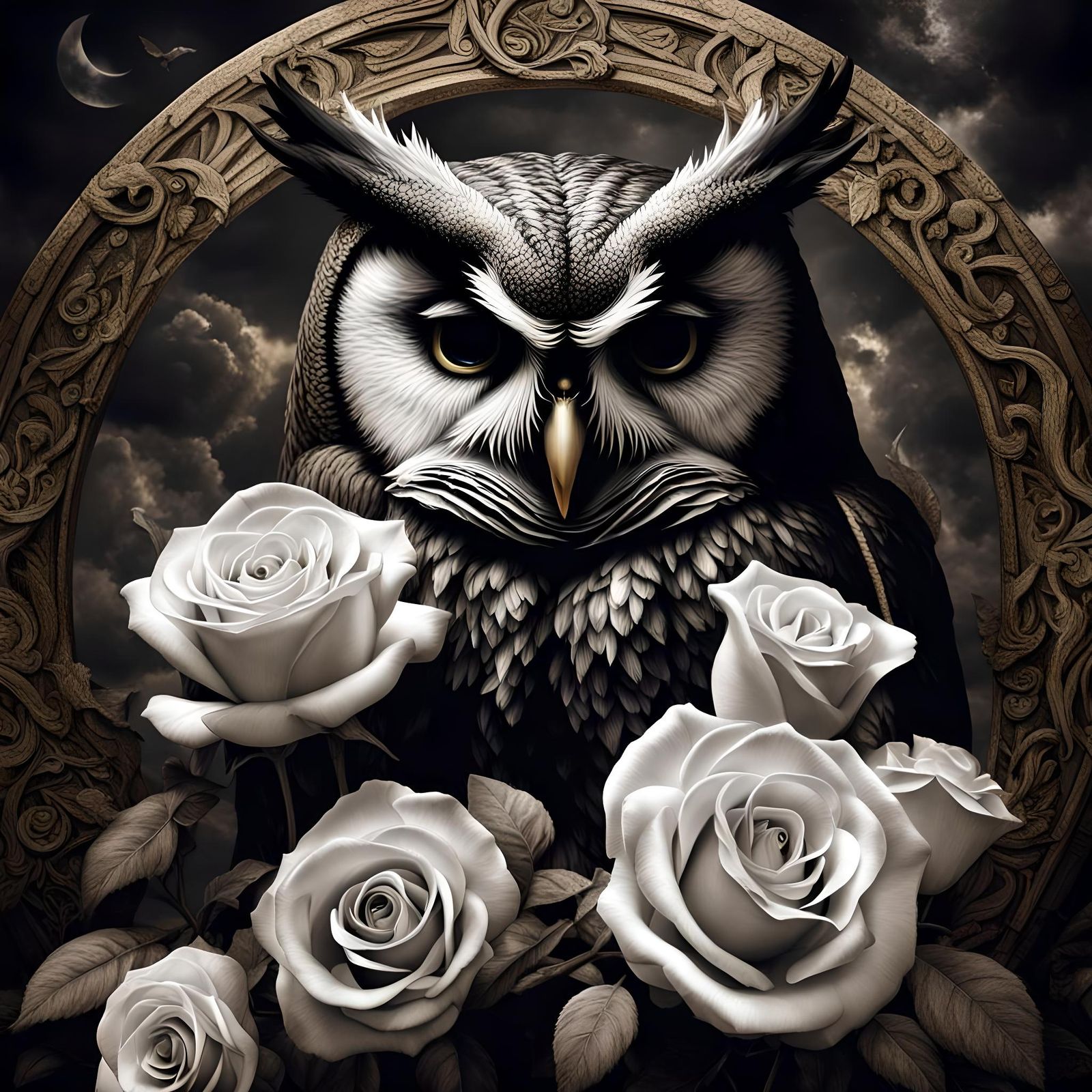 Santa Muerte with Roses and Owl in Hyperrealism
