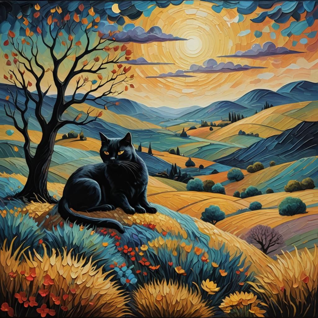 Surreal Black Cat in Dreamlike Landscape as Oil Painting