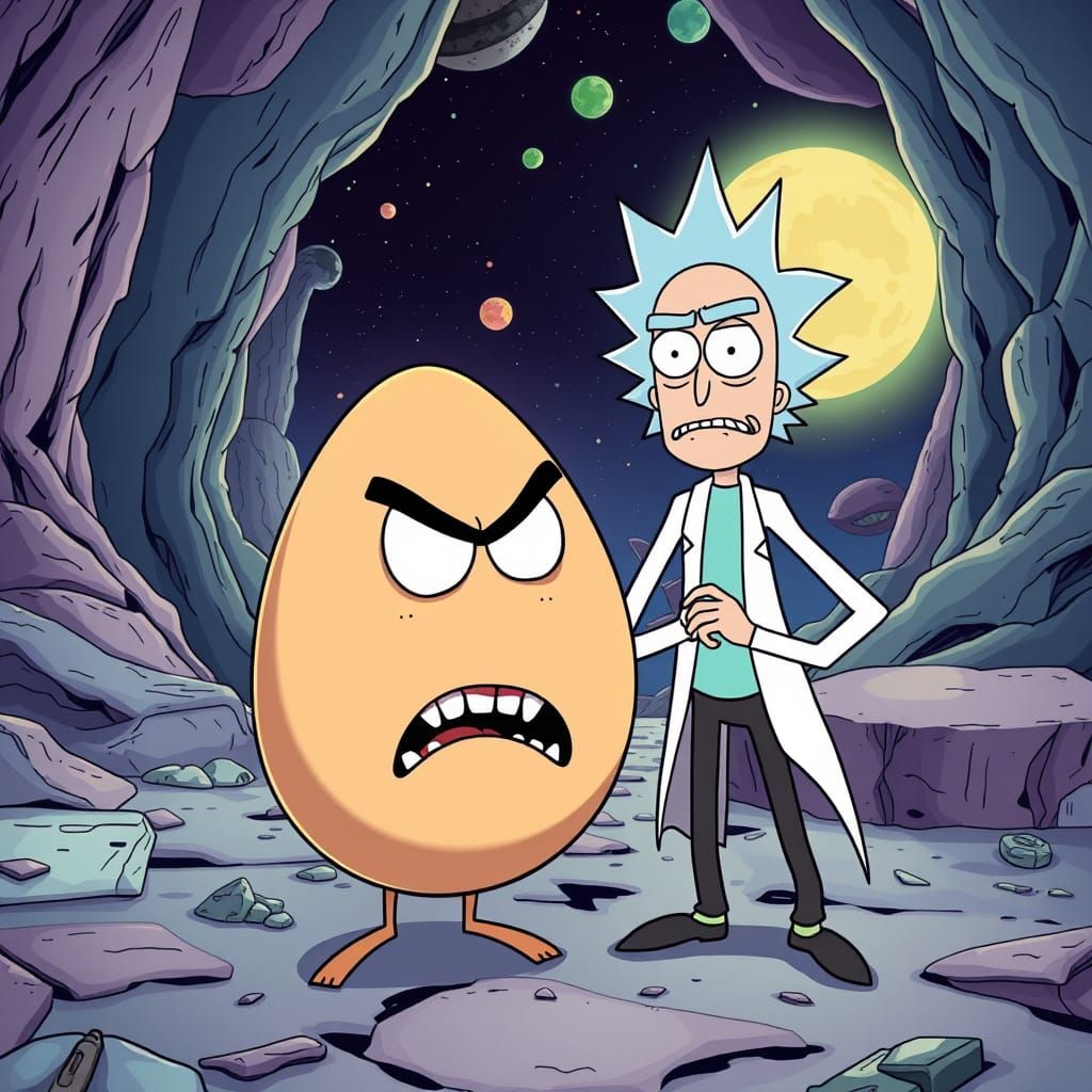Angry Egg Poses with Rick and Morty in Cosmic Dimension