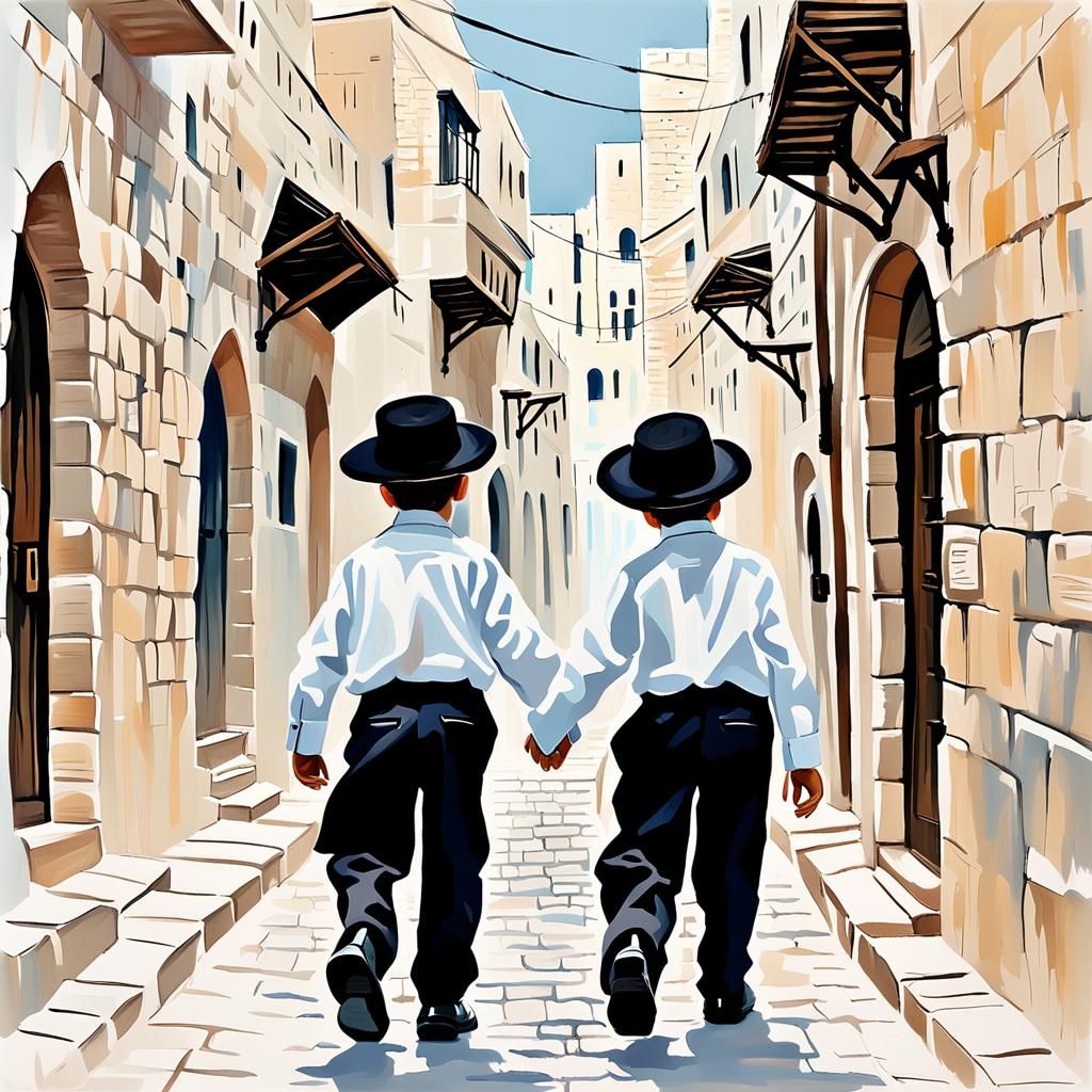 Abstract Expressionist Painting: Two Boys in Jerusalem