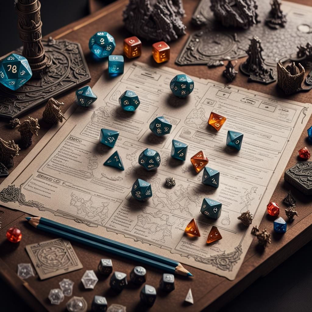 D&D Character Sheet with Dice and Miniatures