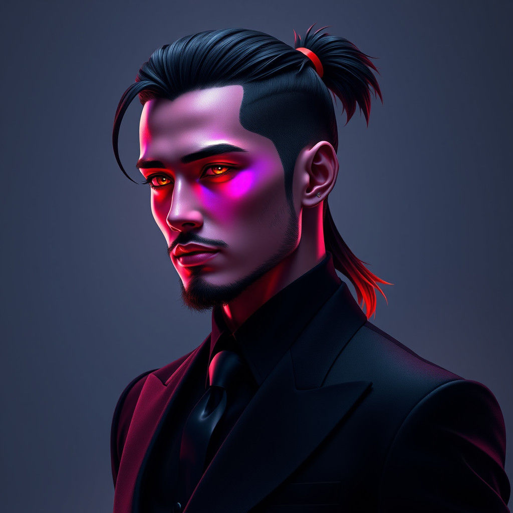 Iridescent Man with Ponytail in High-Fashion Suit