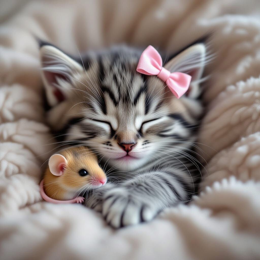 Photorealistic Kitten Sleeping with Tiny Mouse on Head