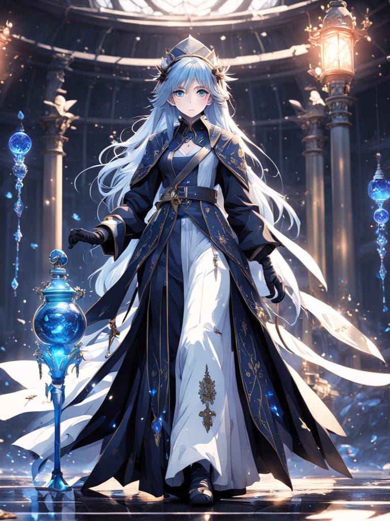 Anime Witch in Mystic Blue Attire, Aqua Hair, and Sapphire W...