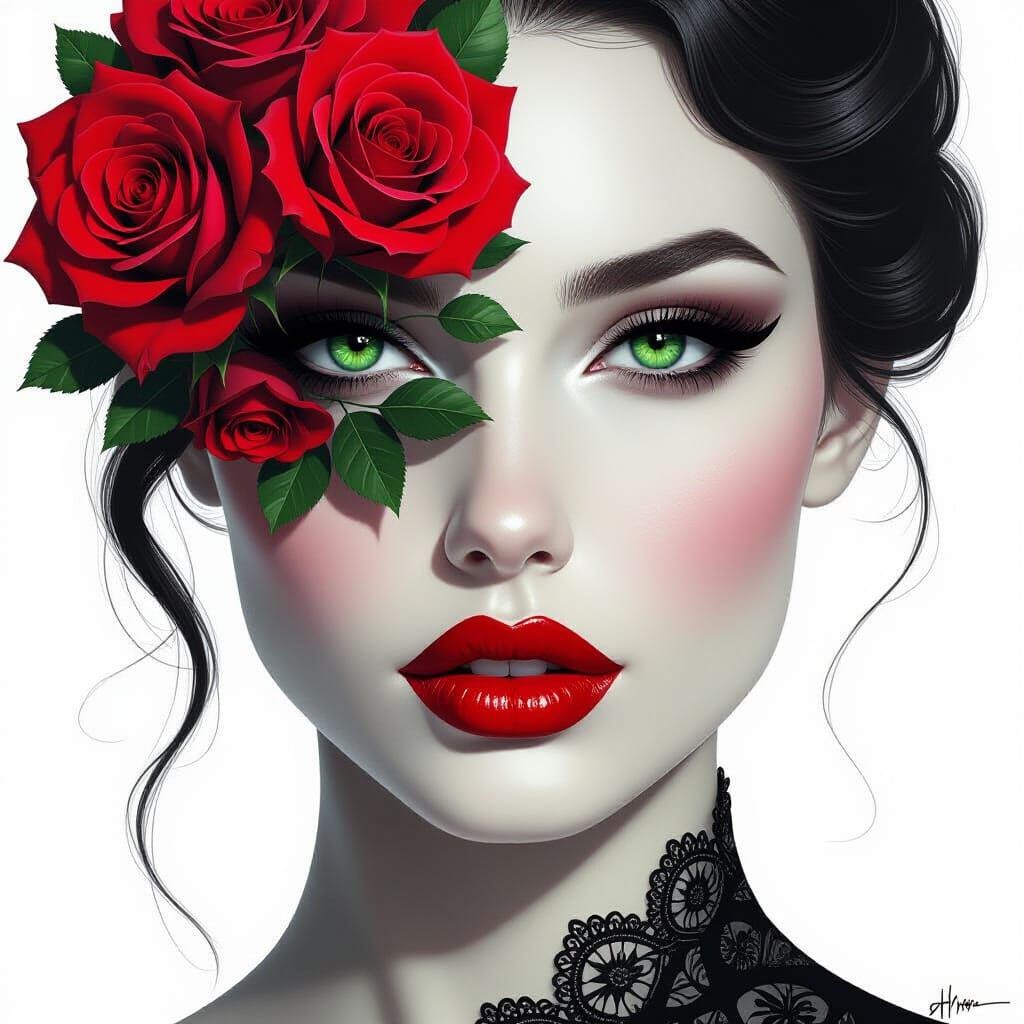 Woman with Roses Reflected in Hyperrealistic Style