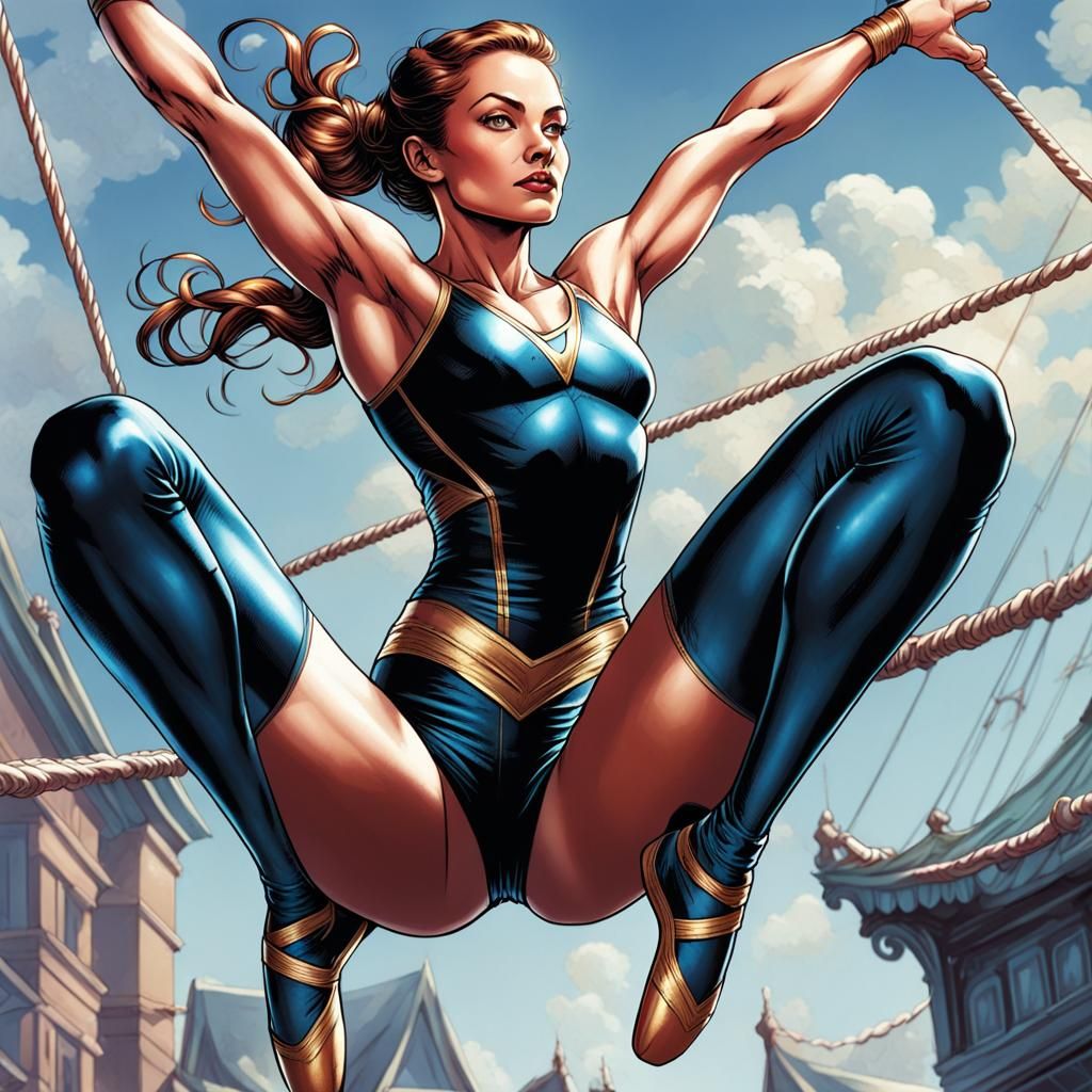 Acrobatic Woman on Trapeze in Comic Book Art Style