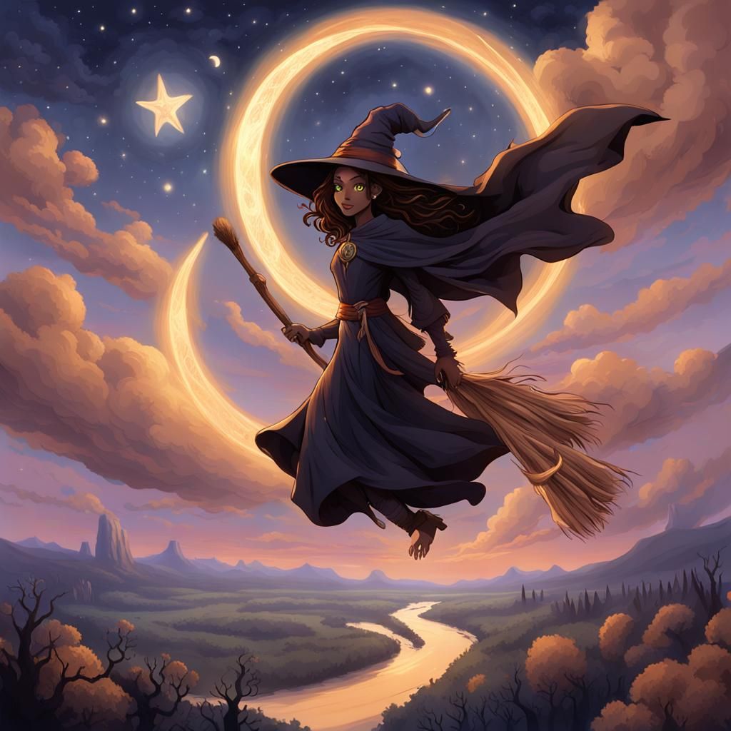 Witch Soars Above Twilight Landscape Under New Moon