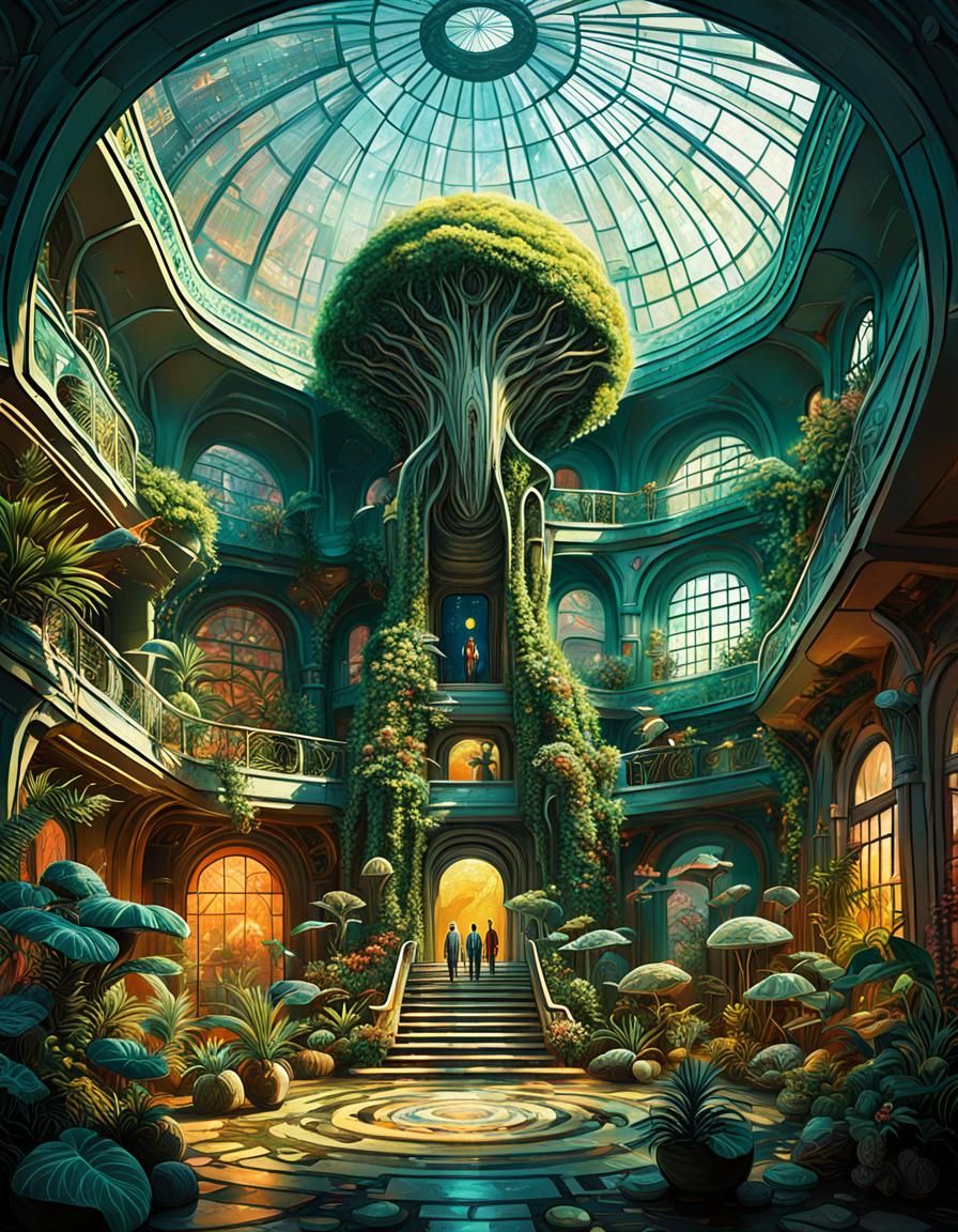 Surreal Alien Atrium with Magnificent Plants and Drones